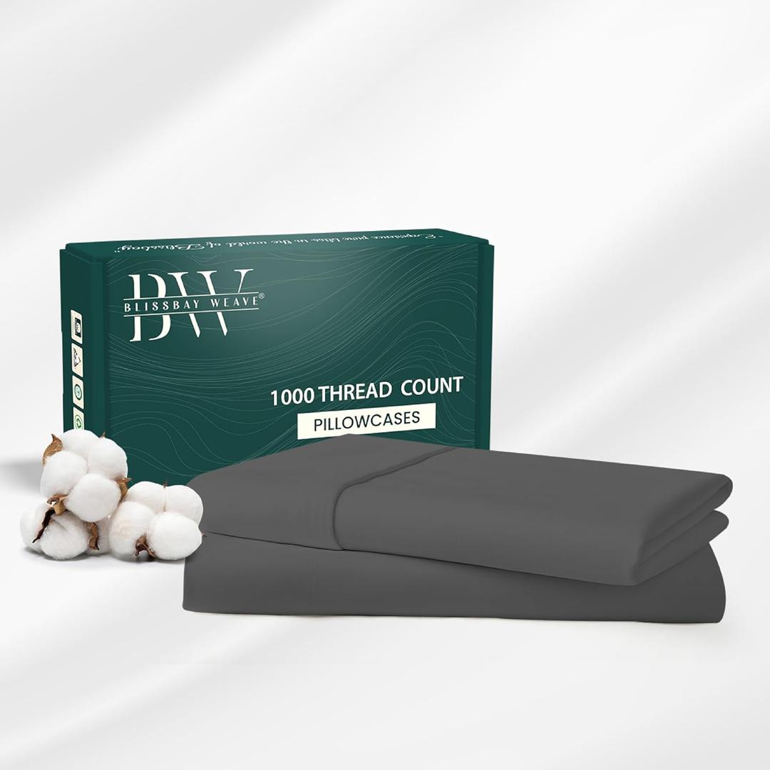 BlissBay Weave 100% Egyptian Cotton Pillow Cases King Size Set of 2, 1000 Thread Count Pillow Covers Sateen Weave Soft Luxury Wrinkle Resistant Envelope Closure | 40" L x 20" W | Dark Grey (Gray)