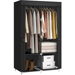 Portable Closet Wardrobe for Small Room, 35-Inch Clothing Organizer Storage Rack with 2 Clothes Hanging Rods and 4 Shelves, Non-Woven Fabric Cover, Black 