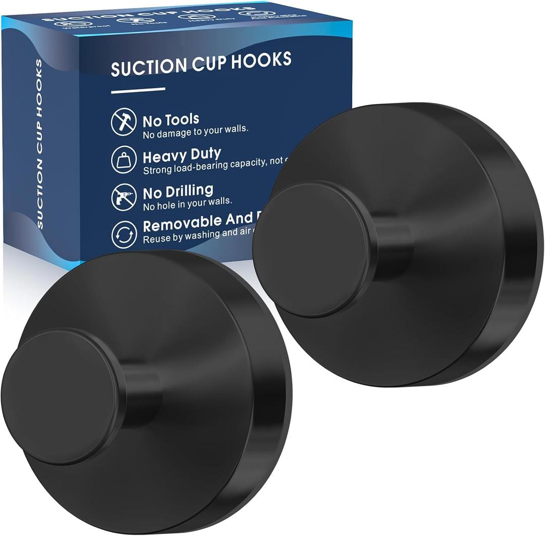 Suction Cup Hooks for Shower,Removable Shower Towel Suction Hooks for Bathroom Wall,Kitchen,Glass,Mirror,Tile to Hang Robes,Loofah-Black(2-Pack)