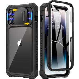 Caka for iPhone 14 Pro Max Case, iPhone 14 Pro Max Case with Slide Camera Cover & Built-in Screen Protector Heavy Duty Shockproof Phone Case Cover for iPhone 14 Pro Max 6.7 inch, Black