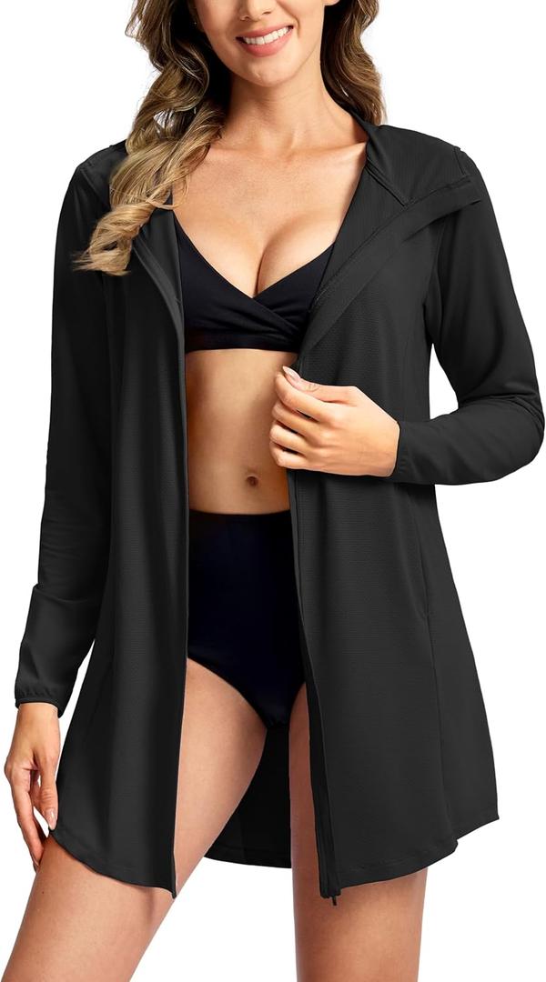 SANTINY Women's UPF50+ Swim Cover Up Sun Protection Hoodie Long UV Jacket SPF Lightweight Swimsuit Beach Cover Ups for Women (Medium, Black)