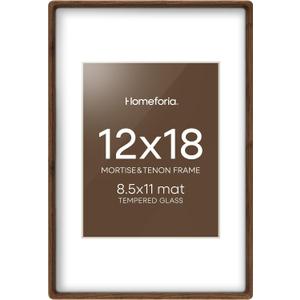 Homeforia 12x18 Mortise & Tenon Walnut Picture Frame, High End 12x18 Frames for Wall, Photo Frames 12 x 18 Walnut with Mat 8.5x11, Tempered Glass, Wall Kit, Set of 1