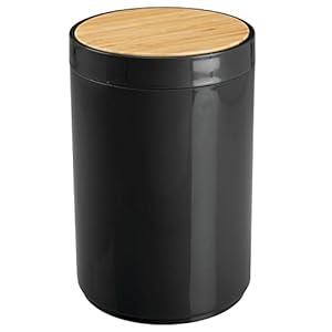mDesign Plastic Round Trash Can Small Wastebasket - Garbage Bin Container with Swing-Close Lid - Bathroom Garbage Basket - Holds Waste, Recycling - 1.3 Gallon - Basa Collection - Black/ Natural