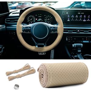 Leather Steering Wheel Cover, Stitch on Wrap, Breathable Anti-Slip Car Steering Wheel Protector, DIY Sewing with Needle Thread,15 Inch (Beige, Hole)