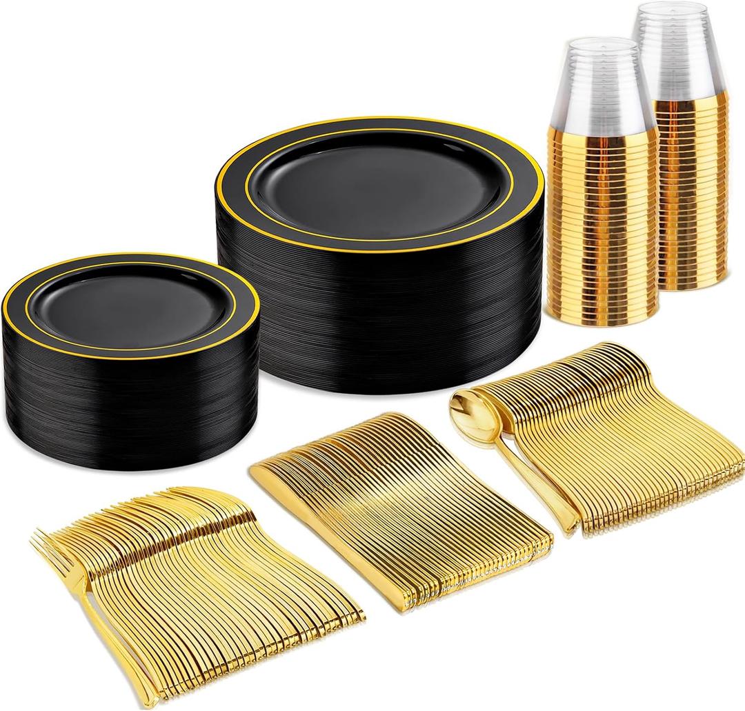 bUCLA 150 Pieces Black and Gold Disposable Dinnerware Set - 25 Guests Black Gold Plastic Plates Include 25 Dinner & 25 Dessert Plates, 25 Spoons, 25 Forks, 25 Knives, 25 Cups for Party & Graduation
