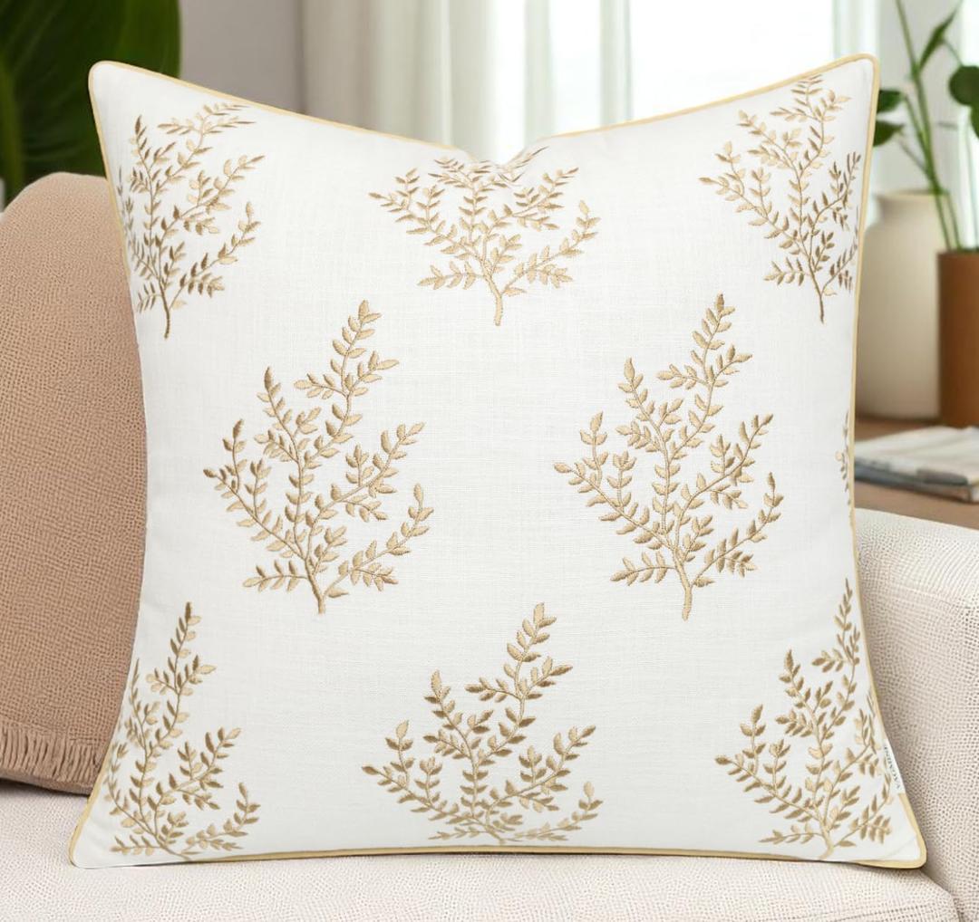 VAGMINE Embroidered Botanical Accent Pillow Cover 18x18  Ivory Cotton Square Cushion Cover for Chair & Couch Styling  Leaves