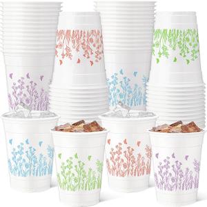 Willinglong 100 Pcs 12 oz Wildflower Disposable Plastic Cups Pastel Floral Party Cups Boho Watercolor Botanical Bridal Shower Cup Stackable for Beverage Spring Wedding Birthday Party
