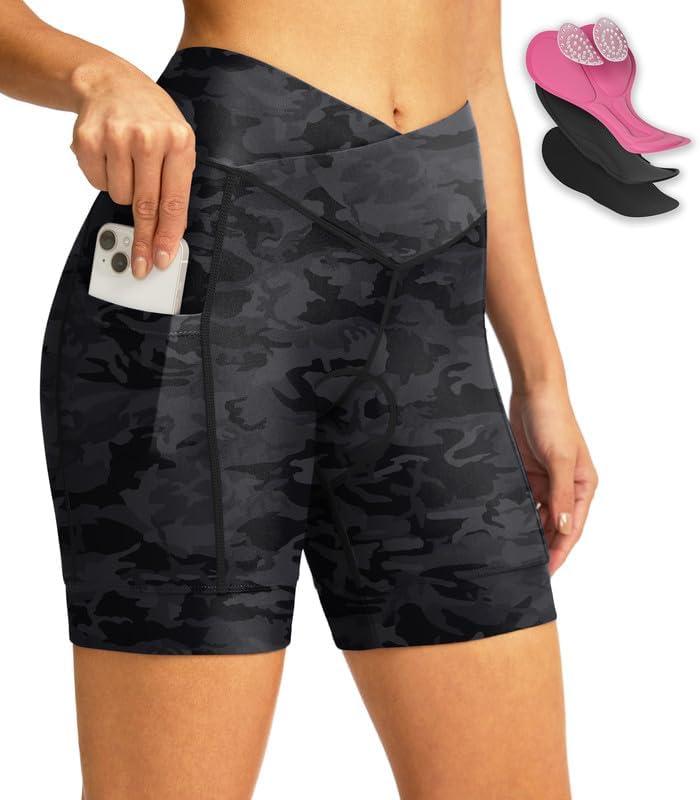 Women's Bike Shorts 4D Padded Cycling Shorts Crossover Waist Biking Shorts with Pockets Bicycle Riding (Large, Camo Black)