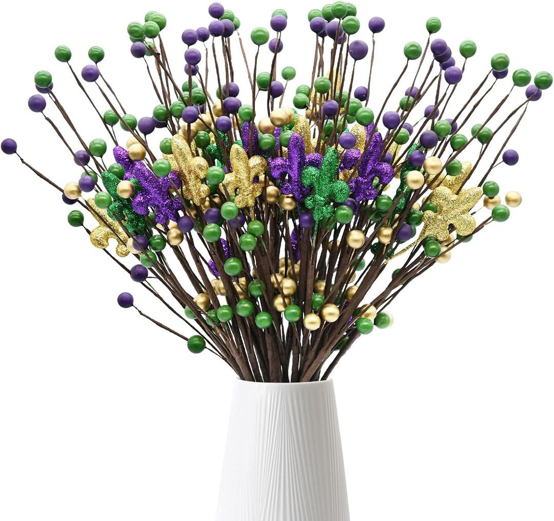 Mardi Gras Table Decor, 20 Pack Glitter Berry Stems Mardi Gras Decorations for Tree, Artificial Flowers Mardi Gras Picks for Wreath, Mardi Gras Tree Ornaments, Mardi Gras Gifts