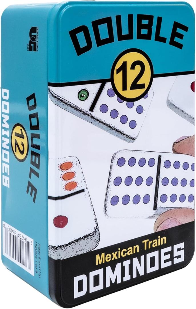 Front Porch Classics, Mexican Train, Double 12, Colored Dot Dominoes Set On-The-Go Travel Storage Tin, 2 to 8 Players, for All Ages