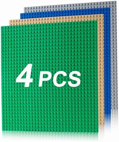 Husfunov 4 Pack Classic Baseplates, Building Plates for Building Bricks, Compatible with All Major Brands and Activity Table-Baseplate 10" x 10", Age 3 and up, Multicolored