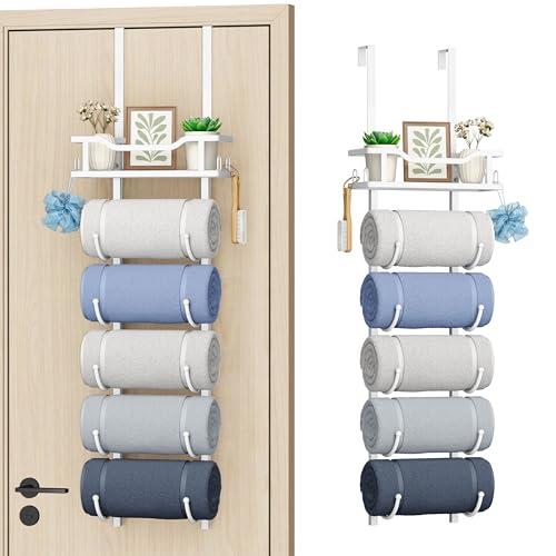 SWTYMIKI Over the Door Towel Rack - 6 Tier Towel Racks for Bathroom Wall Mounted, Towel Holder with Shelf, Hanging Rolled Towel Storage Organizer for Small Bathroom, Camper, RV, White