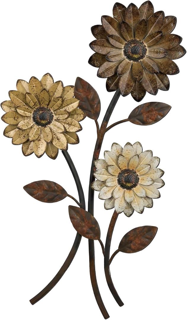 Xuhal Metal Flower Wall Art, 15.75 Inch Vintage Daisy Wall Decor, Rustic Metal Floral Hanging Farmhouse Spring Leaf Sculpture for Living Room Bedroom Indoor Outdoor(Brown)