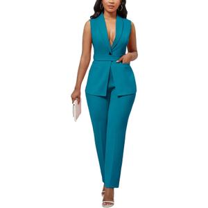 Kafiloe Pant Suits for Women Dressy Belted Sleeveless Vest Blazer Sets 2 Piece Business Casual Outfit (Blue, XL)