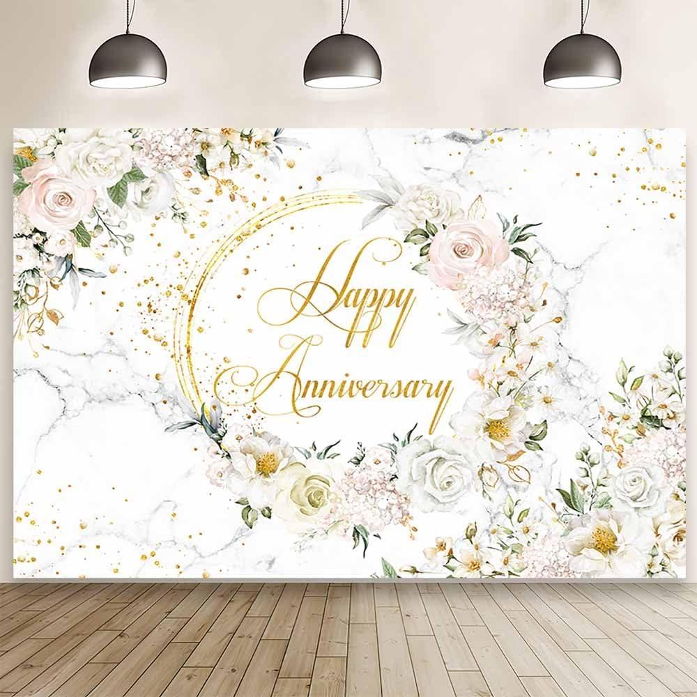 MEHOFOND 7x5ft Floral Happy Anniversary Backdrop White Feliz Aniversario Photography Background White Marble Flower Gold Glitter Dots Couple Wedding Party Engagement Decorations Photo Booth Props