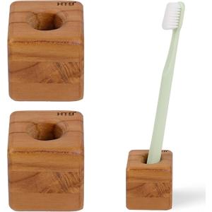 HTB Toothbrush Holder for Bathroom,2 Pack Teak Wood Toothbrush Stand Organizer Base Station Hollow Drainage Design,Small Countertop Organizer for pens,Makeup Brushes,Space Saver (Cube)