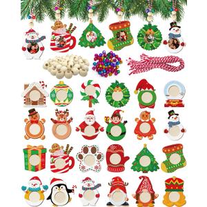 24Pcs Christmas Pictures Frame Ornaments, Hanging Picture Ornament Bulk for Christmas Tree with Beads, Color Printing Personalized Wooden Ornaments for Crafts, for Holiday Home Party Decor