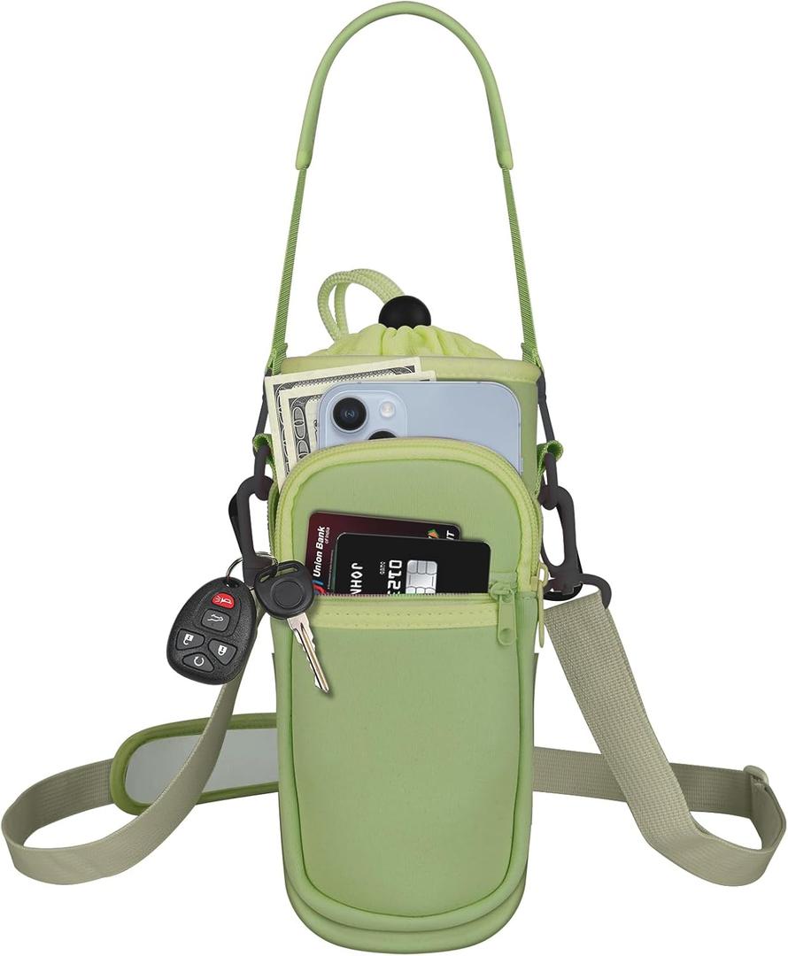 Water Bottle Holder with Strap, Water Bottle Carrier Bag with Phone Pocket, Shoulder Hand Strap Insulated Neoprene 32/40 oz Water Bottle Sleeve for Walking Hiking Camping Gym (7 GREEN)