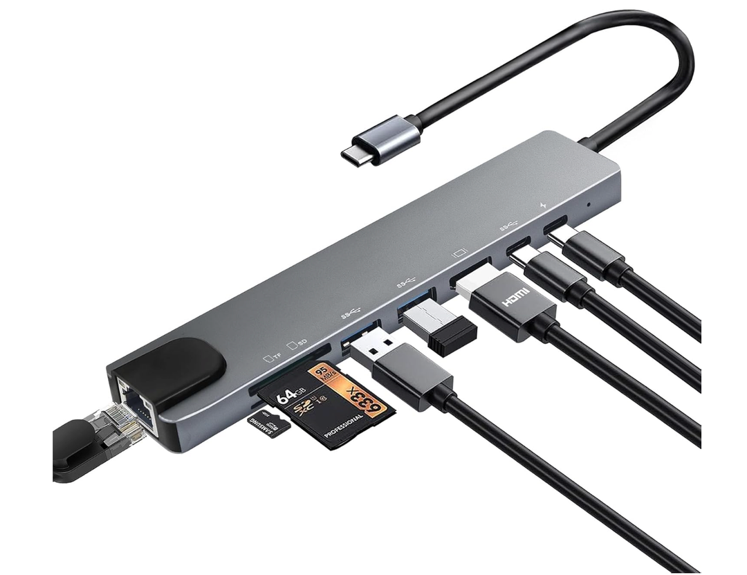 USB C Hub Multiport Adapter, 8 in 1 USBC Dongle with 4K HDMI, RJ45 Ethernet, 100W PD Charging, USB 3.0, SD/TF Card Reader, USB-C Docking Station for MacBook Pro/Air, Dell, HP and Other Type C Devices