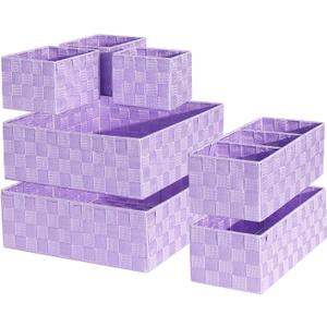 Drawer Organizer, Cube Baskets for Storage Shelves, Handmade Small Woven Basket, Shallow Storage Bins for Organizing Desk, Dresser, Kitchen, Pantry, Nested 7 Pack, Purple
