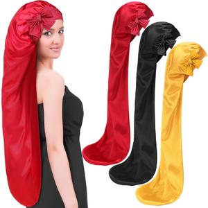 Geyoga 3 Pcs 40 Inches Extra Long Satin Braid Bonnet for Sleeping Silk Hair Bonnet for Women with Tie Band Foldable Braids Hair Sleep Tie, Black, Wine Red and Gold (Large)