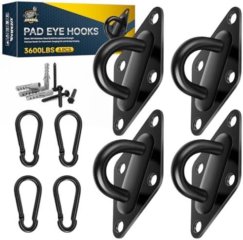 Hammock Hooks Hanging kit- Hammock Hooks Heavy Duty with 3Pcs M10 304 Stainless Steel Pad Eye Hooks, 3Pcs 10MM Snap Hooks,16Pcs Heavy-Duty Screws- Hammock hook for Wall/Ceiling Mount Indoor & Outdoor