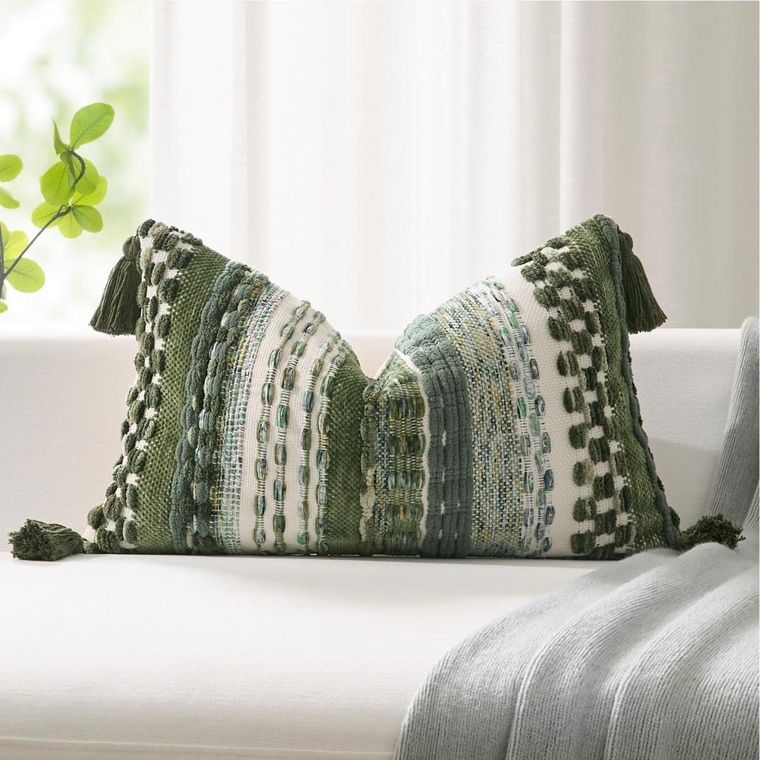 Kevin Textile Spring 12x24 Inch Lumbar Throw Pillow Cover 1 Pack Boho Decorative Soft Chenille Thread Woven Tufted Textured Rectangle Cushion Case Accent for Living Room Couch Sofa Bed, Green