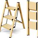 Taranta 3 Step Ladder,Aluminum Lightweight Folding 3 Step Stool with Anti-Slip Wide Pedal,330lbs Capacity Step Ladder for Household,Kitchen,Office - Gold