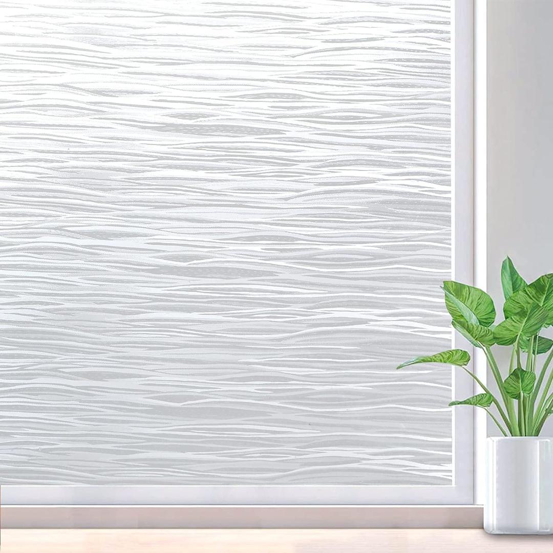 rabbitgoo Window Privacy Film Frosted Glass Film Removable Vinyl Door Coverings UV Blocking Decorative Static Cling Non-Adhesive Window Clings Sticker for Home Decor, 23.6 x 78.7 Inches (Pure Wave)