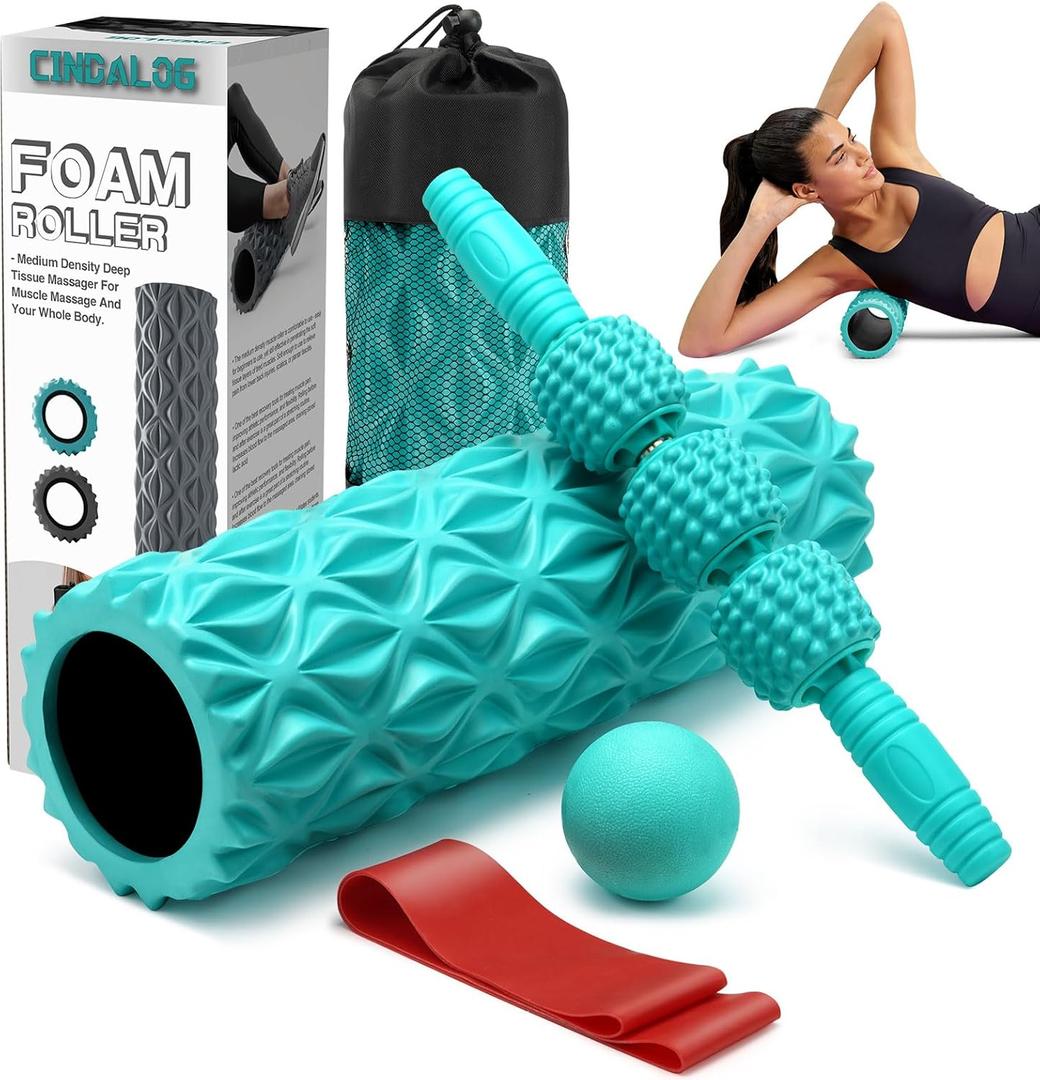 5 in 1 Foam Roller Set - Trigger Point Foam Back Roller, Muscle Roller Stick, Massage Ball, Stretching Band for Deep Muscle Massage Pilates Yoga,Fitness Exercise for Whole Body Release (Blue-green)