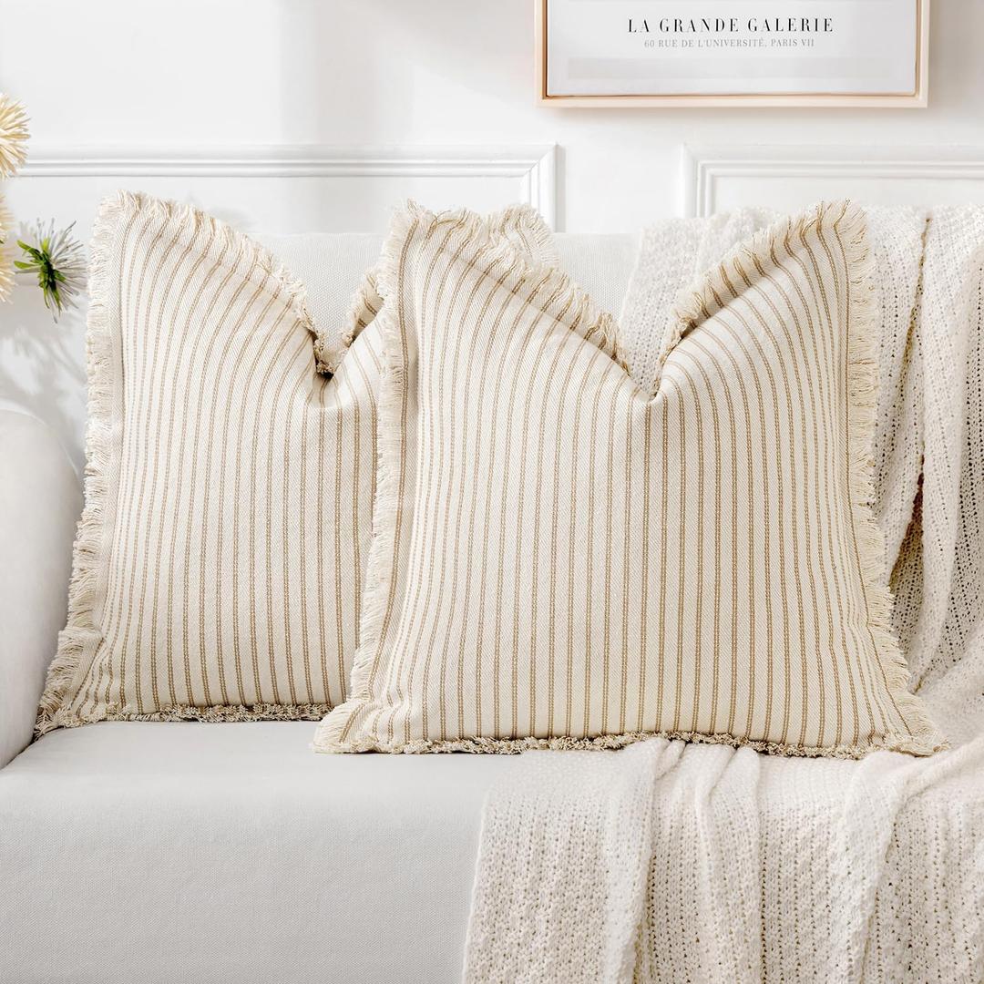 MIULEE Pack of 2 Khaki Pillow Covers 20x20 Inch Striped Farmhouse Couch Throw Pillow Covers with Fringe Chic Linen Decorative Cushion Covers for Sofa Living Room Bed Outdoor Home Decor 