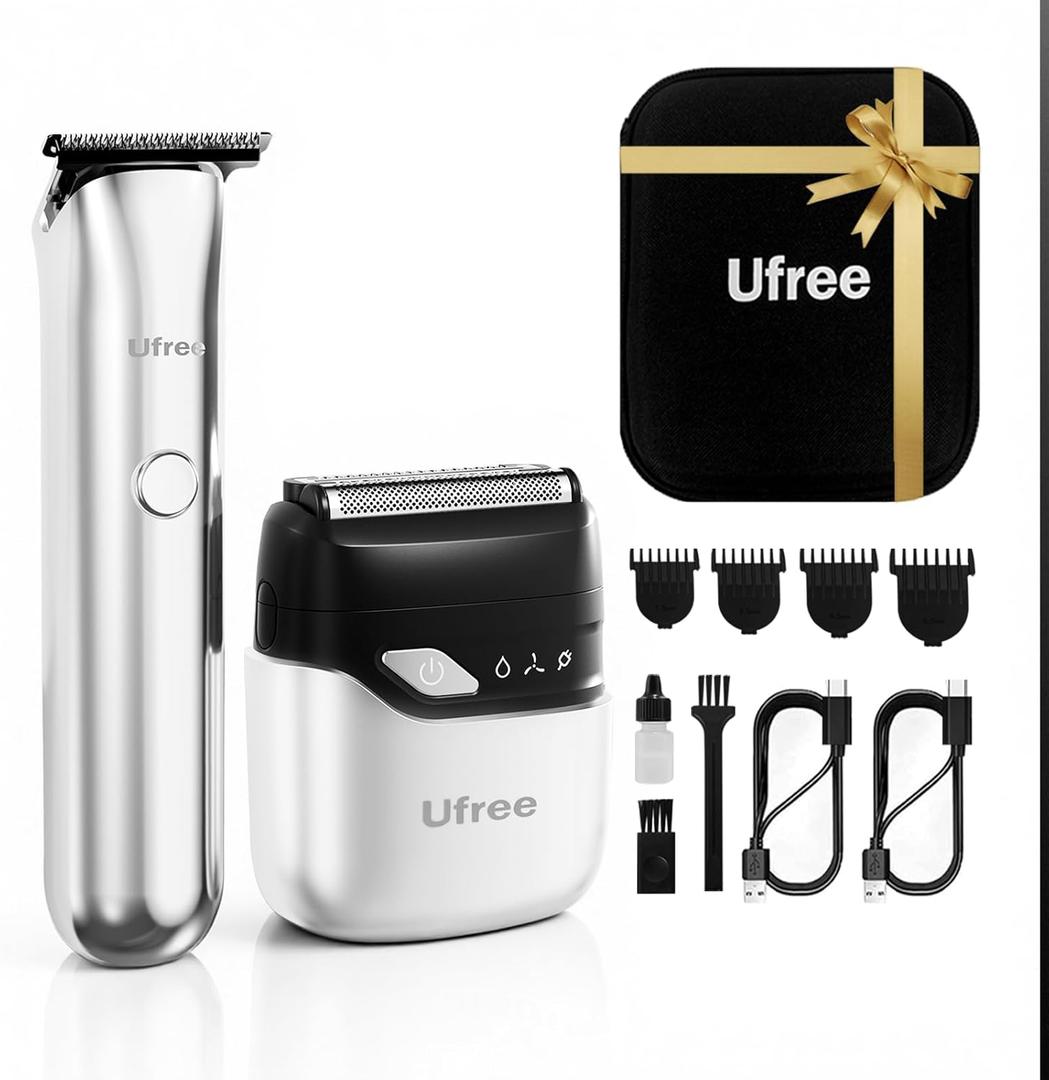 Ufree Beard Trimmer and Foil Shaver Kit, Electric Razors for Men, Precision T Blade Hair Trimmer, Waterproof Travel Shaver, Cordless Clippers Set for Mustache Facial Hair Cutting, Men Grooming Gifts (Silver)