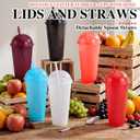 6 Set Slushie Cups with Dome Lids and Straws Detachable Spoon Straws Reusable Plastic Iced Coffee Cups Smoothie Tumbler for Birthdays Summer Party Supplies(Dark Colors,24 oz)