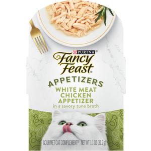 Purina Fancy Feast Appetizers Grain Free Wet Cat Food Complement White Meat Chicken Appetizer in a Savory Tuna Broth Cat Food Topper - (Pack of 10) 1.1 oz. Trays (EXP 06/30/27)