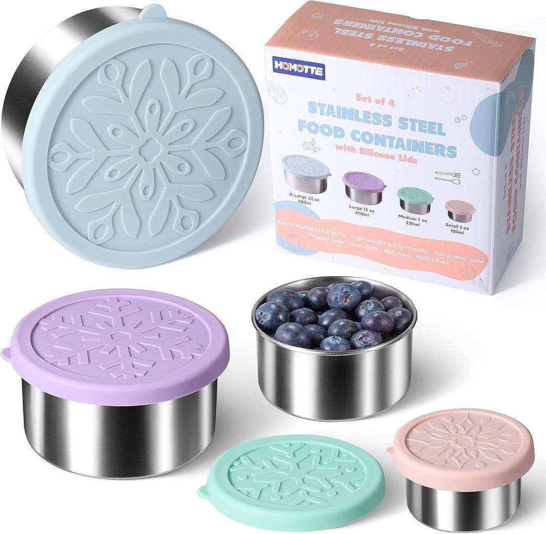 Stainless Steel Containers with Lids - Stackable Toddler Snack Containers, 18/8 Stainless Steel Lunch Box for Kids Adults, Leakproof Metal Food Storage Containers (4Pack: 3oz, 7oz, 13oz, 22oz) (4 Pack(Light Pink, Light Green, Light Purple, Light Blue))