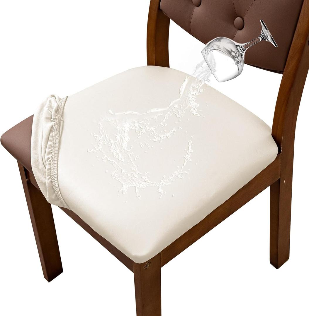 Waterproof PU Leather Seat Covers for Dining Room Chairs Set of 4, Stretch Dining Chair Slipcovers, Kitchen Chair Seat Covers, Non-Slip & Washable (Beige)