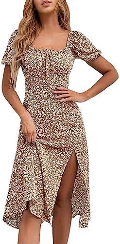 SPRIME Women's Floral Summer Casual Dress Square Neck Puff Sleeve Boho Midi Dresses Ruched Bust High Waist Split Long Dress L