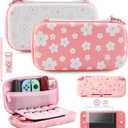 GLDRAM Accessories for Nintendo Lite, Portable Carrying Case with 10 Card Slots, Switch Lite Travel Bag with TPU Protective Skin, Screen Protector, Shoulder Strap, Wrist Strap and 2 Sakura Thumb Caps (Pink-White Sakura)
