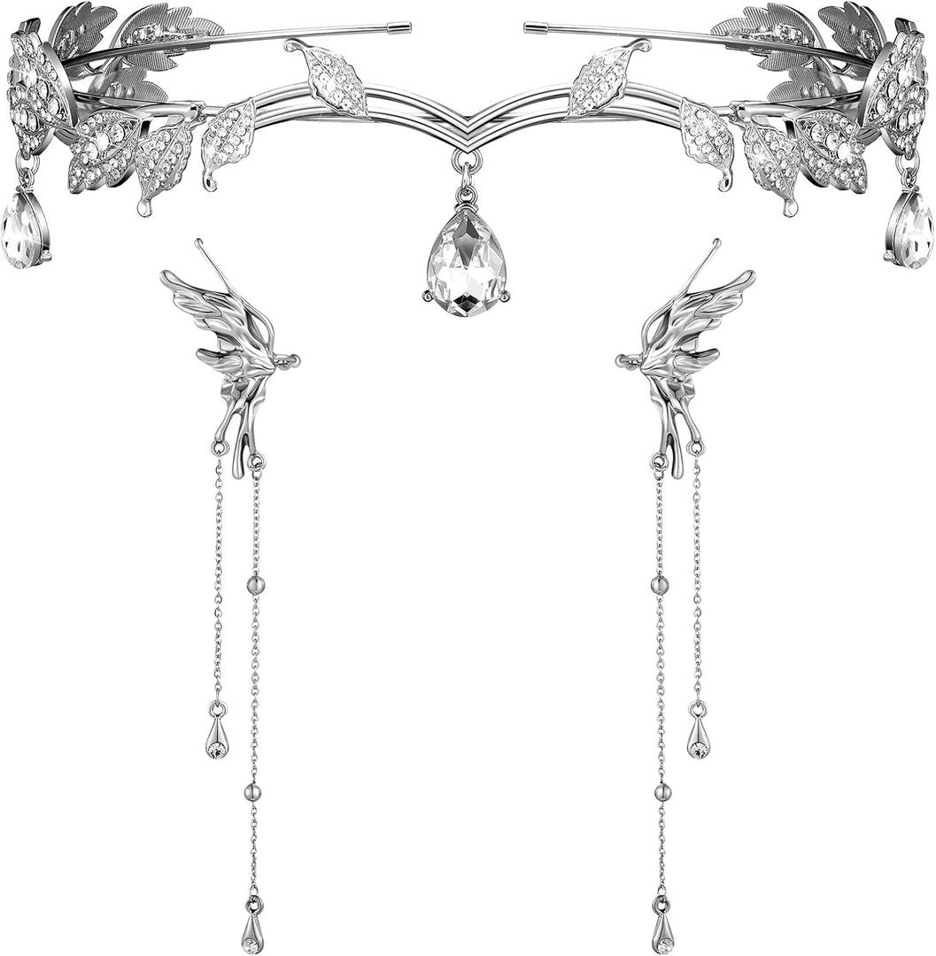 Glenmal 3 Pcs Elf Ear Cuffs and Crown Halloween Rhinestone Leaf Headband Fairy Ear Cuffs Princess Cosplay Costume for Women (1 Count (Pack of 2), Silver)