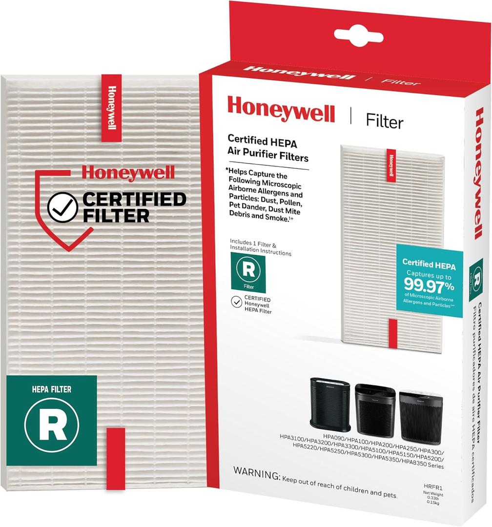 Honeywell HEPA Air Purifier Filter R, 1-Pack for HPA 100/200/300, 3000 and 5000 Series - Airborne Allergen Air Filter Replacement Targets Wildfire/Smoke, Pollen, Pet Dander, and Dust