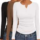 Ekouaer Women's Long Sleeve Shirts 3 Packs Henley Button Down Tops Ribbed Slim Fit Base Black, Brown, White XL