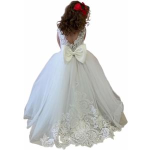 Flower Girls Dress for Wedding Lace Tulle Princess Pageant Dress Kids Prom Ball Gowns with Bow-Knot and Tail (6, White)