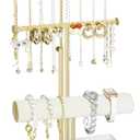 Jenseits 3-Tier Jewelry Holder Organizer:17.1" Adjustable Hanger, Velvet Ring Tray, Metal Aesthetic Display Stand for Necklaces, Earrings, Bracelets, Watches, Gold Jewelry Storage Tower Tree for Women