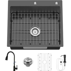 Black 25x22In Stainless Steel Drop In Single Bowl Kitchen Sink With Faucet