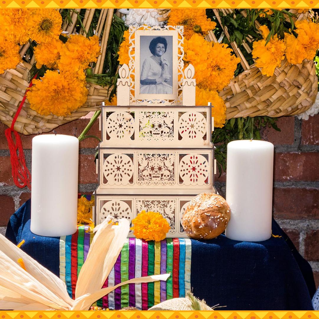 MotiMind Dia De Los Muertos Altar Ofrenda, Wooden Sugar Skull and Candle Papel Picado Day of the Dead Supplies with Photo Frame for Dia De Los Muertos Decor and Indian Diwali Decoration (Square Style)