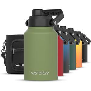 WATERSY Half Gallon Water Bottle Insulated(Cold for 48 Hrs),BPA Free&Leak Proof,64oz Stainless Steel Water Jug/Flask,Big thermo,Large Water Bottle with Handle for Gym,Hiking,Camping,Olive Green