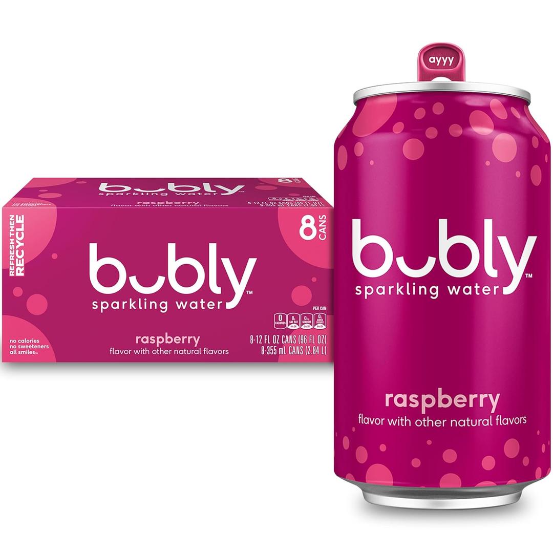 bubly Sparkling Water, Raspberry, Zero Sugar & Zero Calories, 12 Fl Oz Cans (Pack of 8) (EXP 08/10/26)