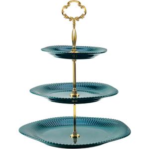 3 Tier Cupcake Stand Ceramic Cake Stand Wedding Dessert Tower, Tiered Serving Tray for Tea Party Afternoon Display Platter(Gold & Green)