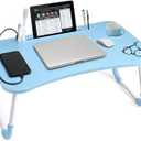 Slendor Lap Desk with Cup Holder, Foldable Laptop Table for Bed, Portable Bed Desk for Laptop and Writing, Computer Tray with Tablet Slot, Notebook Stand Reading Holder for Couch Sofa Floor, Blue