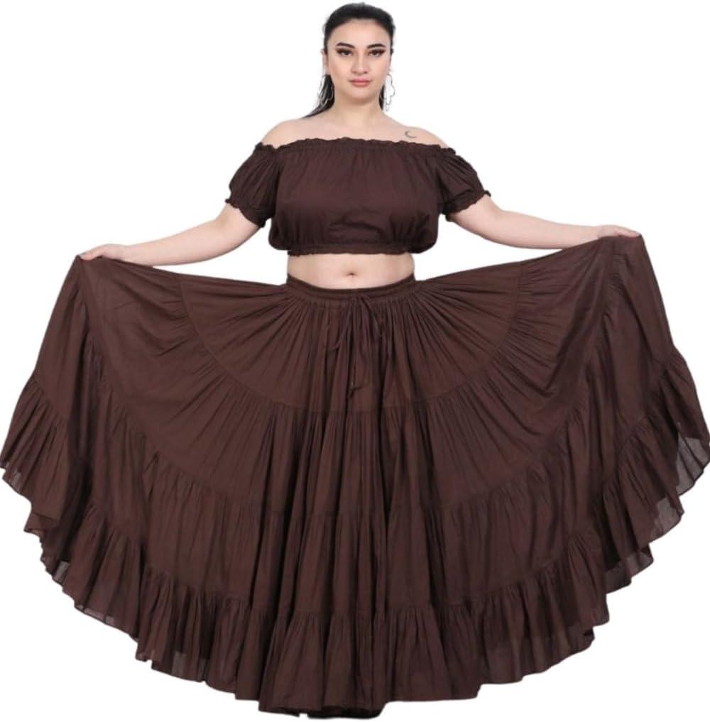 Wevez Women's Plus Size Maxi Skirt Gypsy 25 Yard Long Flowy Solid Color Cotton Renaissance Skirt 0X-3X